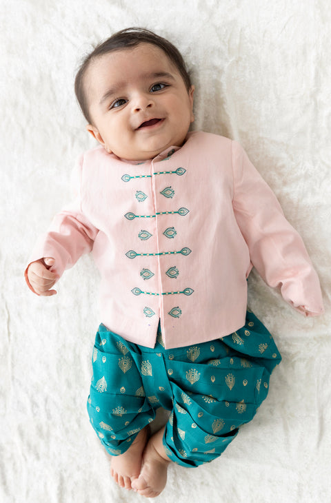 Pre-Order: Baby Boy Morpankh Bandhgala Dhoti Set-Pink