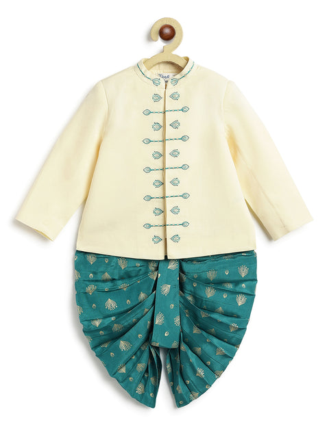 Pre-Order: Baby Boy Morpankh Bandhgala Dhoti Set-Cream