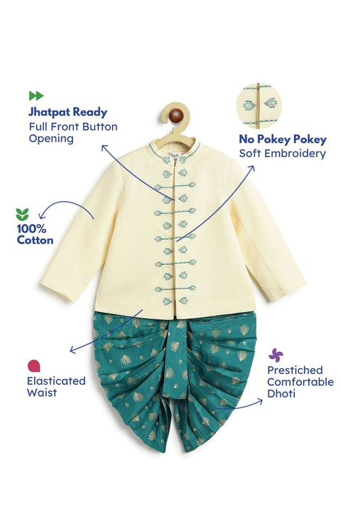 Pre-Order: Baby Boy Morpankh Bandhgala Dhoti Set-Cream