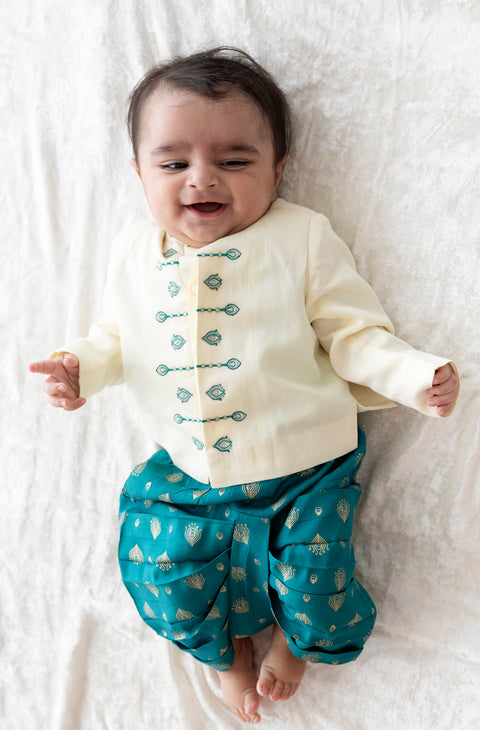 Pre-Order: Baby Boy Morpankh Bandhgala Dhoti Set-Cream