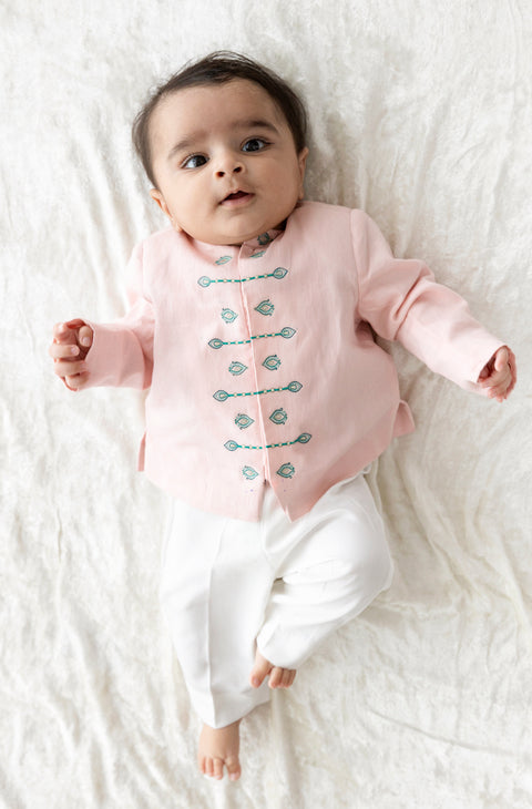 Pre-Order: Baby Boy Morpankh Bandhgala Pant Set-Pink