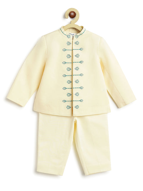 Pre-Order: Baby Boy Morpankh Bandhgala Pant Set-Cream