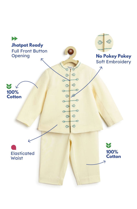 Pre-Order: Baby Boy Morpankh Bandhgala Pant Set-Cream
