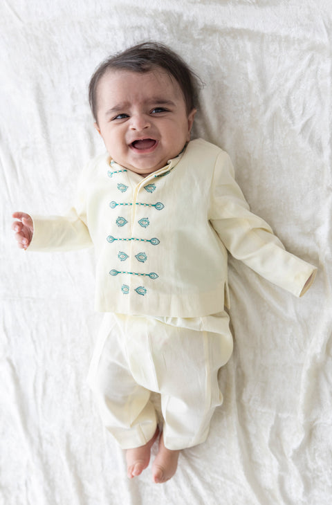 Pre-Order: Baby Boy Morpankh Bandhgala Pant Set-Cream