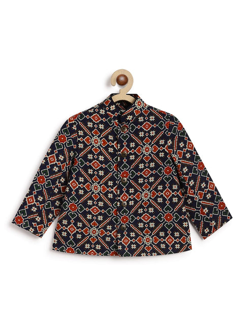 Pre-Order: Baby Boy Patola Print Bandhgala Set-Blue