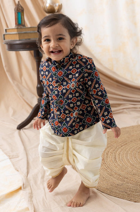 Pre-Order: Baby Boy Patola Print Bandhgala Set-Blue