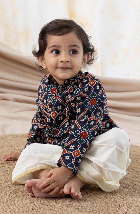 Pre-Order: Baby Boy Patola Print Bandhgala Set-Blue