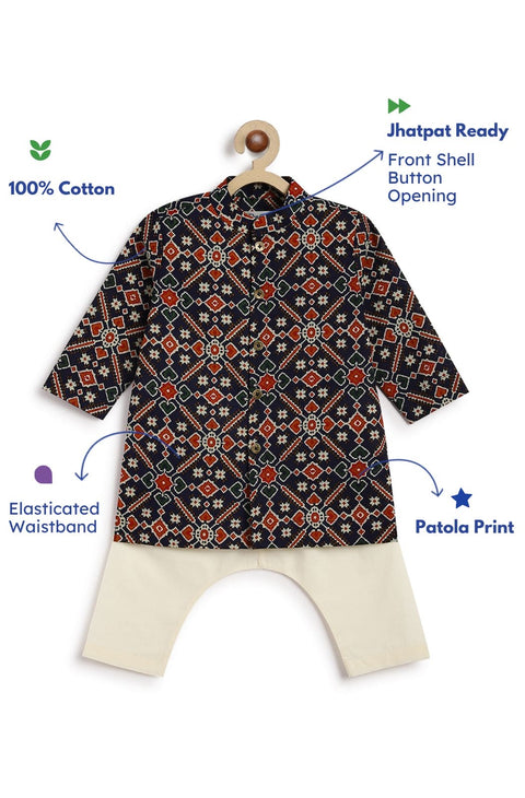 Pre-Order: Baby Boy Patola Print Kurta Pyjama Set-Blue