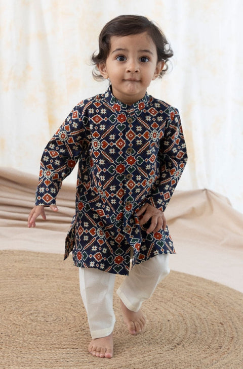 Pre-Order: Baby Boy Patola Print Kurta Pyjama Set-Blue