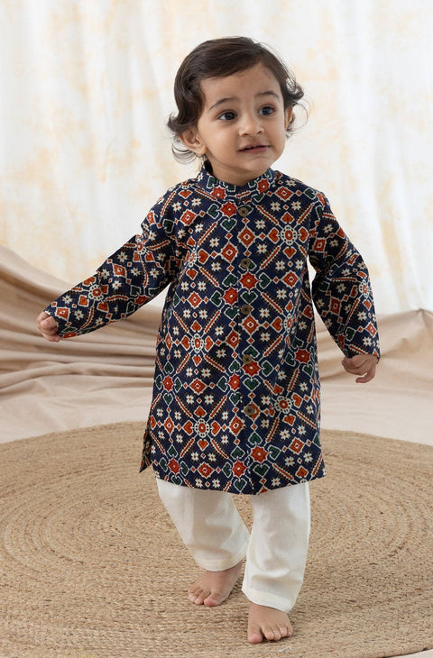 Pre-Order: Baby Boy Patola Print Kurta Pyjama Set-Blue
