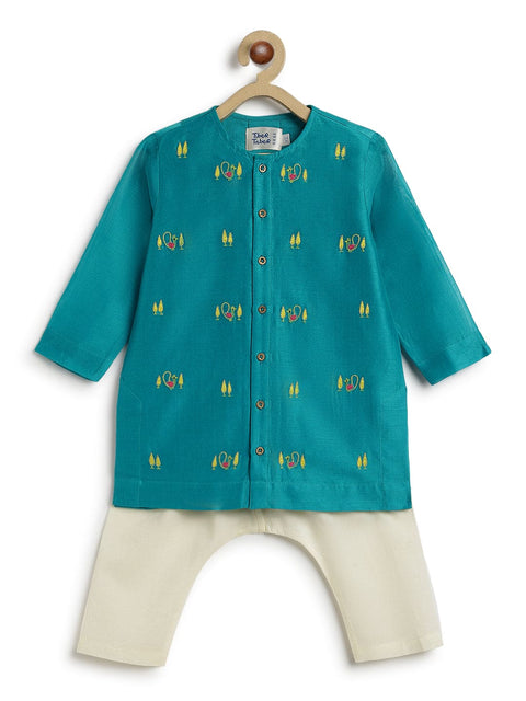 Pre-Order: Baby Boy Peacock Kurta Pyjama Set - Blue