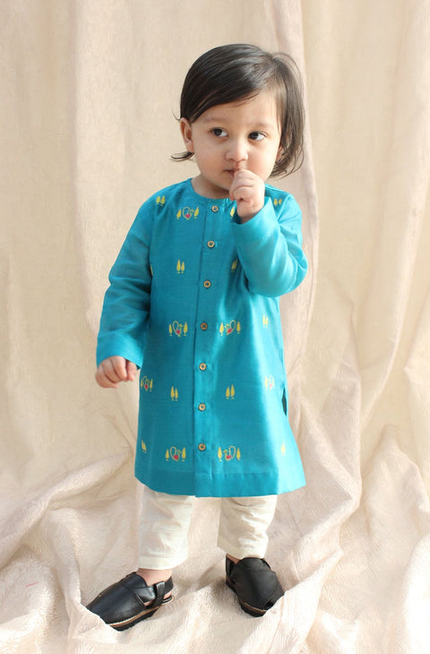 Pre-Order: Baby Boy Peacock Kurta Pyjama Set - Blue