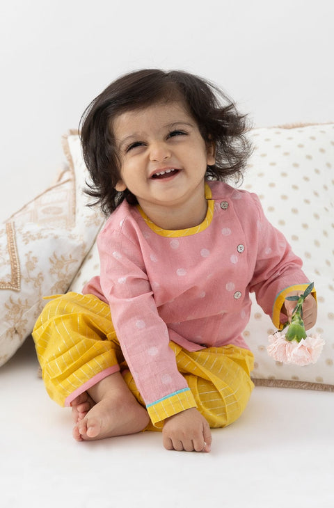 Pre-Order: Baby Boy Polka Dot Dhoti Kurta Set-Pink