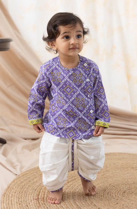 Pre-Order: Baby Boy Purple Bandhani Dhoti Kurta Set-Purple