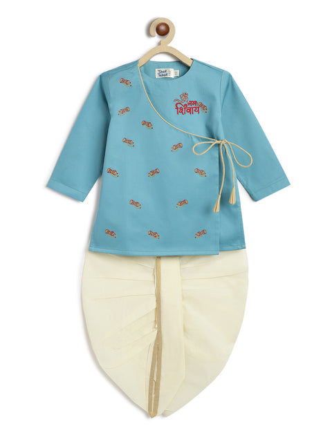 Pre-Order:  Baby Boy Shiv Damru Dhoti Kurta Set-Blue