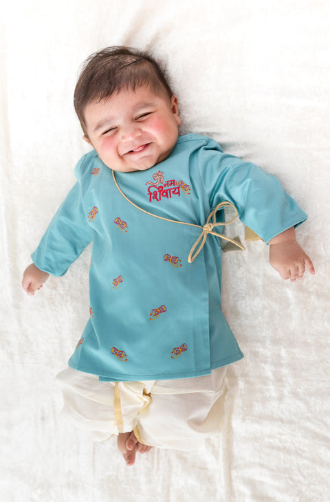 Pre-Order:  Baby Boy Shiv Damru Dhoti Kurta Set-Blue