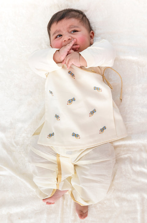 Pre-Order:  Baby Boy Shiv Damru Dhoti Kurta Set-Cream