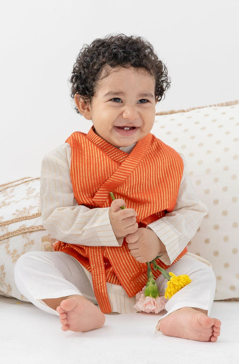 Pre-Order: Baby Boy Stripes Lurex 3 Pc Bundi Set-Orange