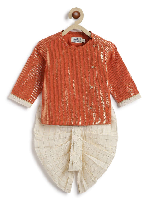 Pre-Order: Baby Boy Stripes Lurex Dhoti Kurta Set-Orange