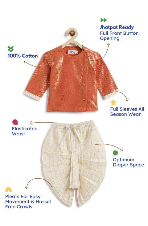 Pre-Order: Baby Boy Stripes Lurex Dhoti Kurta Set-Orange