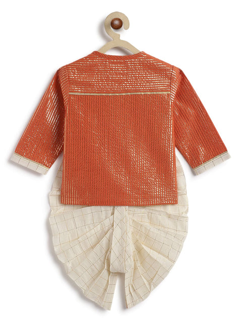 Pre-Order: Baby Boy Stripes Lurex Dhoti Kurta Set-Orange