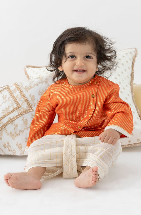 Pre-Order: Baby Boy Stripes Lurex Dhoti Kurta Set-Orange