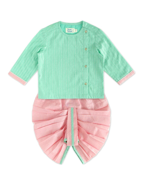 Pre-Order: Baby Boy Stripes Lurex Dhoti Kurta Set-Green