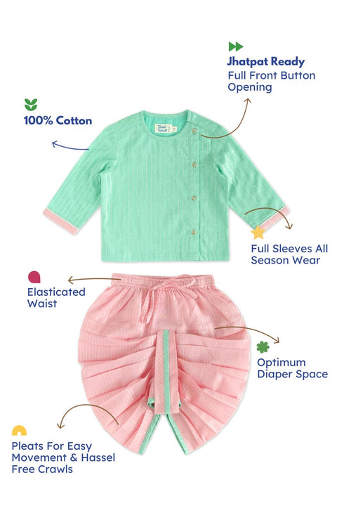 Pre-Order: Baby Boy Stripes Lurex Dhoti Kurta Set-Green