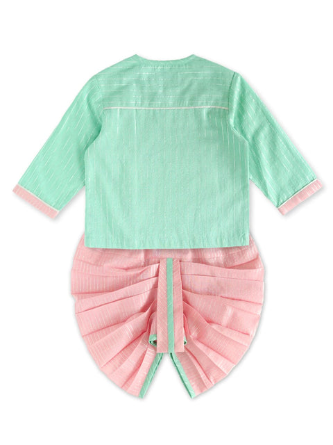 Pre-Order: Baby Boy Stripes Lurex Dhoti Kurta Set-Green