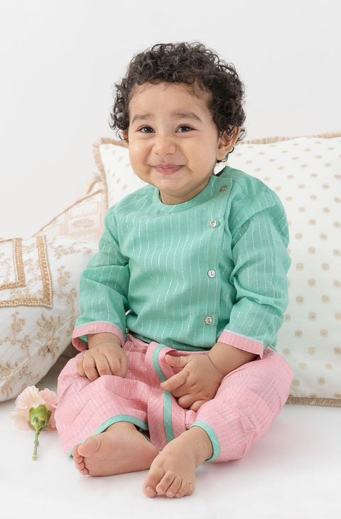 Pre-Order: Baby Boy Stripes Lurex Dhoti Kurta Set-Green