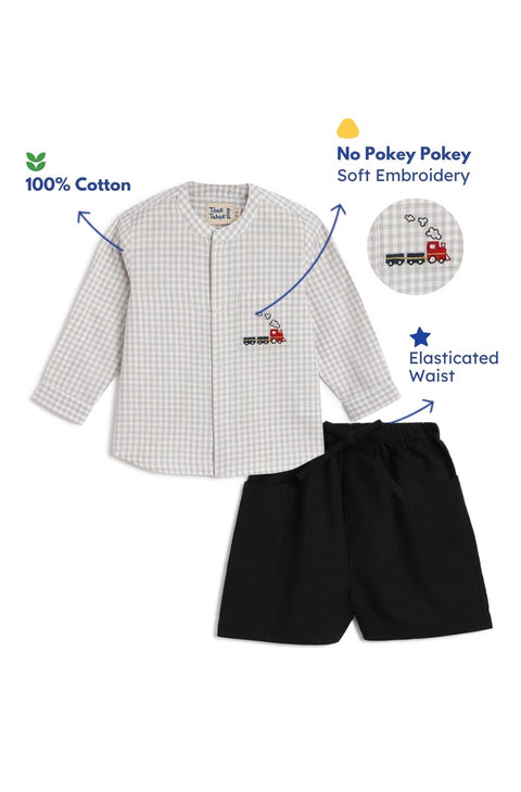Pre-Order:  Baby Boy Train Embroidery Checks Shirt & Shorts Set-White