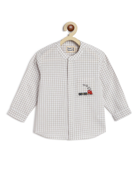 Pre-Order:  Baby Boy Train Embroidery Checks Shirt & Shorts Set-White