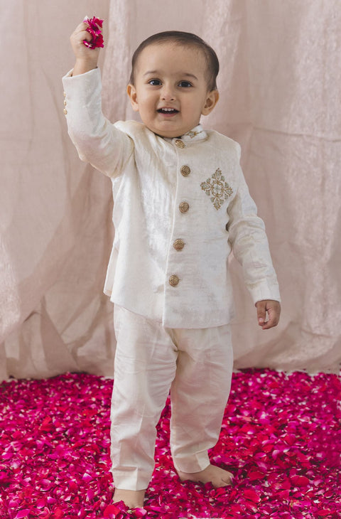 Pre-Order: Baby Boy Pearl Prince Bandhgala Set - Cream