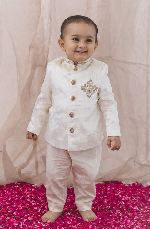 Pre-Order: Baby Boy Pearl Prince Bandhgala Set - Cream