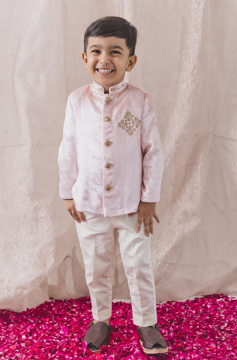 Pre-Order: Baby Boy Royal Rose Bandhgala Set  - Pink