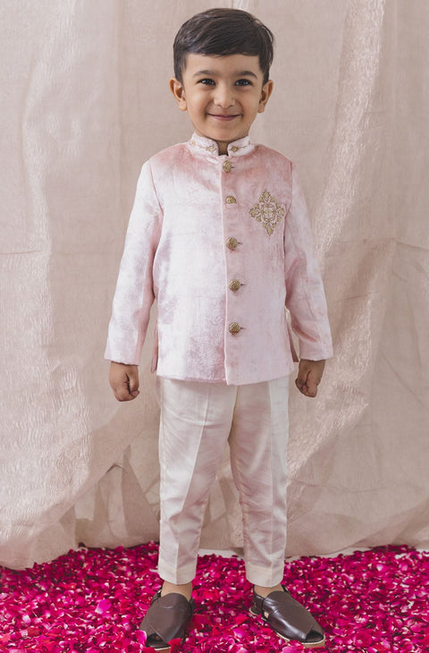 Pre-Order: Baby Boy Royal Rose Bandhgala Set  - Pink