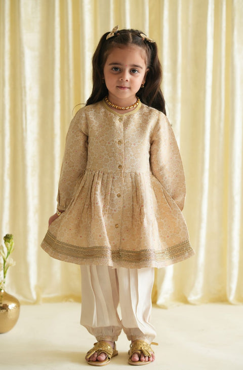 Pre-Order: Baby Girl Brocade Angrakha Set-Cream