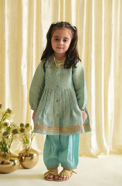 Pre-Order: Baby Girl Brocade Angrakha Set-Blue