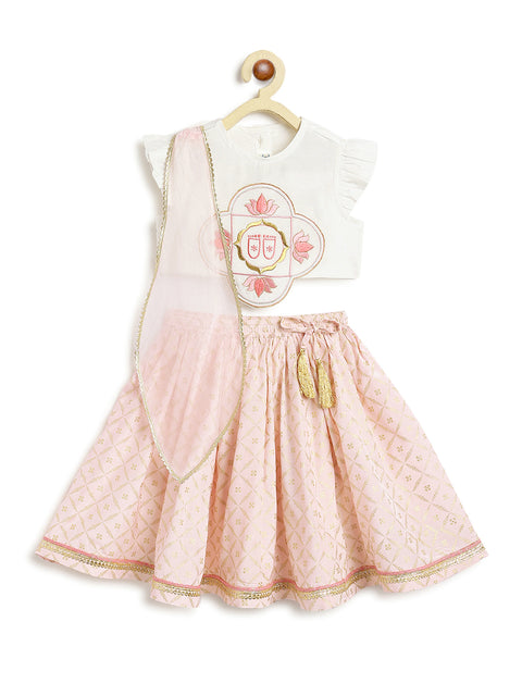 Pre-Order: Baby Girl Lotus Embroidery Lehenga Set-White