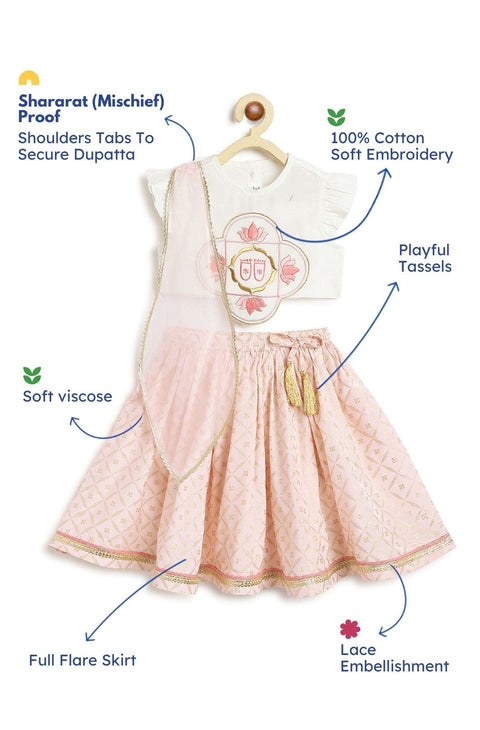 Pre-Order: Baby Girl Lotus Embroidery Lehenga Set-White