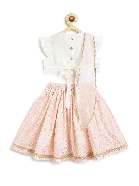 Pre-Order: Baby Girl Lotus Embroidery Lehenga Set-White