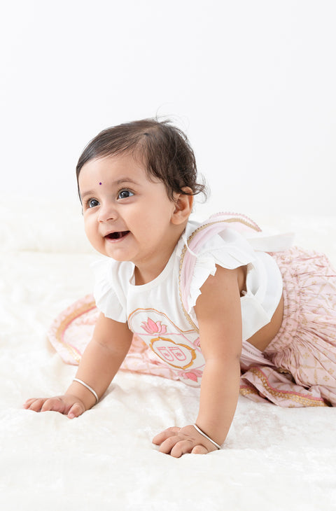 Pre-Order: Baby Girl Lotus Embroidery Lehenga Set-White