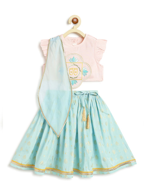 Pre-Order: Baby Girl Lotus Embroidery Lehenga Set-Pink