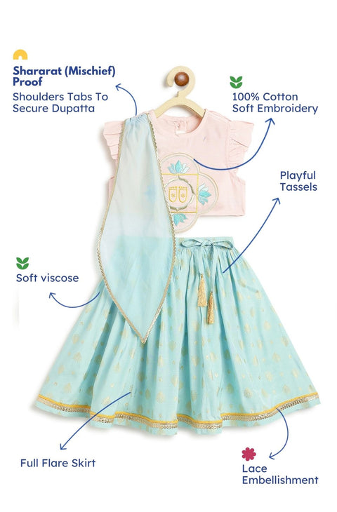 Pre-Order: Baby Girl Lotus Embroidery Lehenga Set-Pink