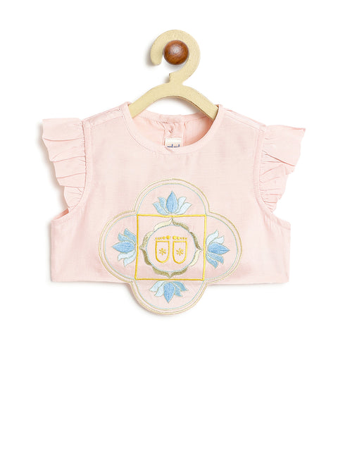 Pre-Order: Baby Girl Lotus Embroidery Lehenga Set-Pink