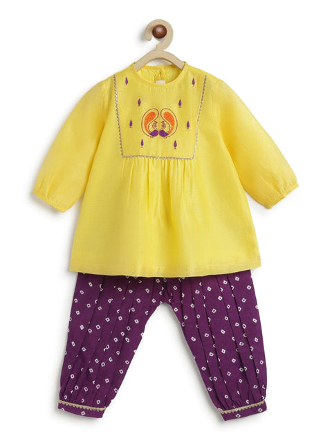 Pre-Order:  Baby Girl Peacock Angrakha Set - Yellow