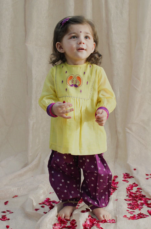 Pre-Order:  Baby Girl Peacock Angrakha Set - Yellow