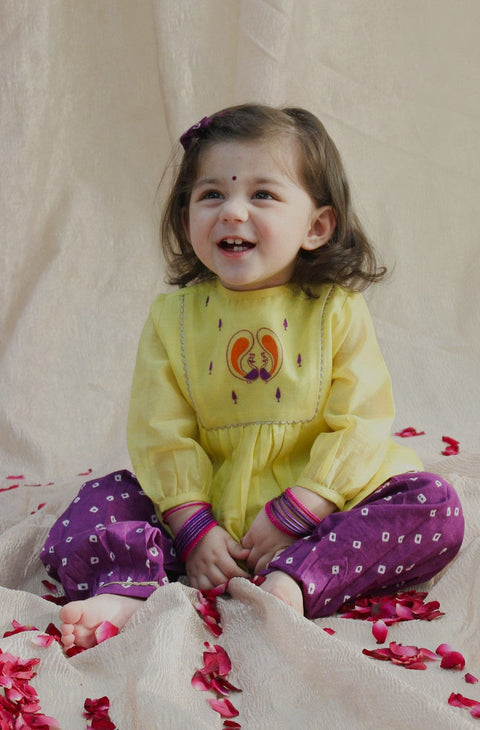 Pre-Order:  Baby Girl Peacock Angrakha Set - Yellow