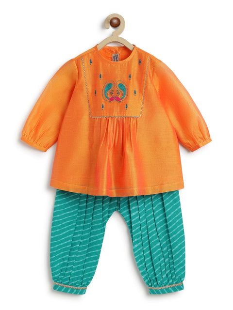 Pre-Order:  Baby Girl Peacock Angrakha Set - Orange