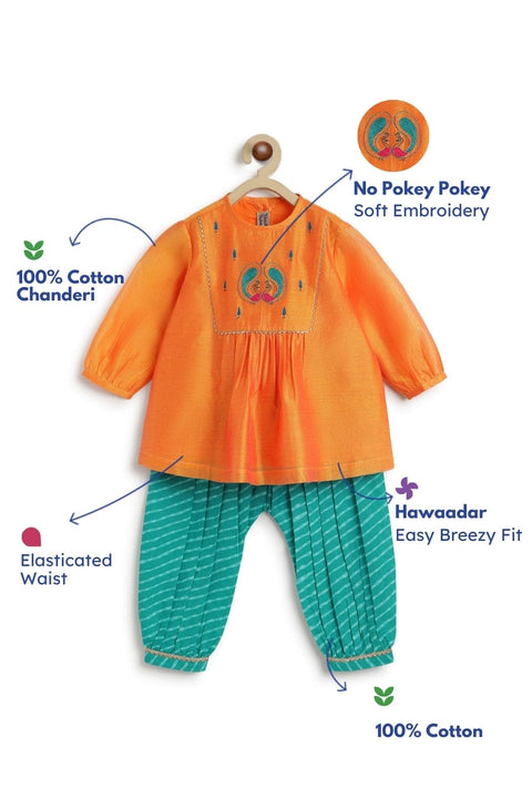 Pre-Order:  Baby Girl Peacock Angrakha Set - Orange